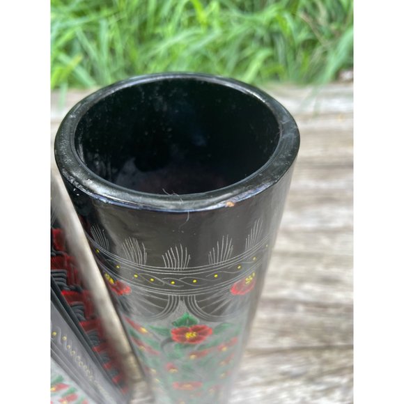 Vintage Pair Black Lacquer Wood Vases Red Etched Flowers 10" - Picture 14 of 16